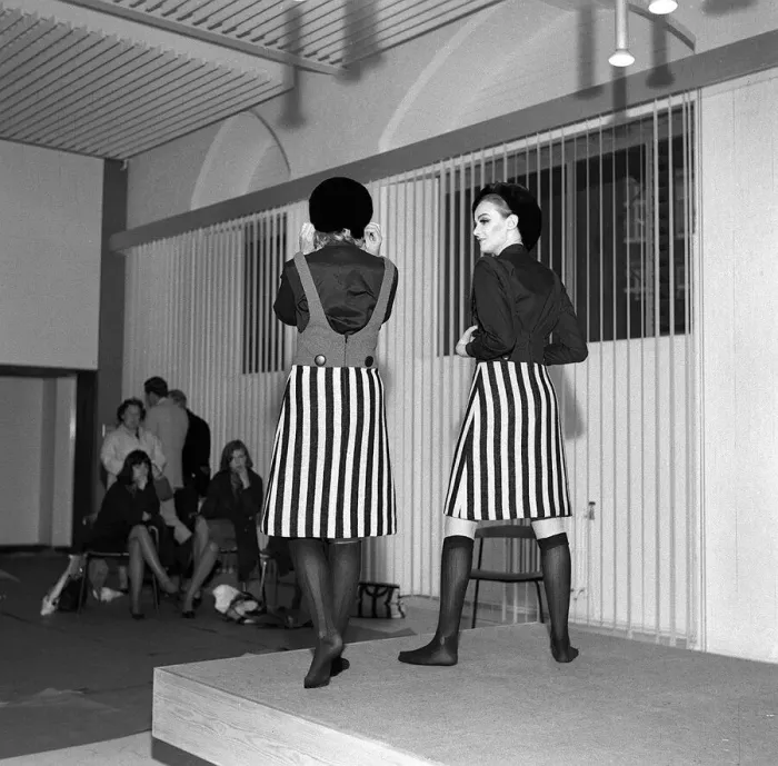 Framed Print : Mary Quant fashion clothing September 1962 Models wearing matching striped skirts