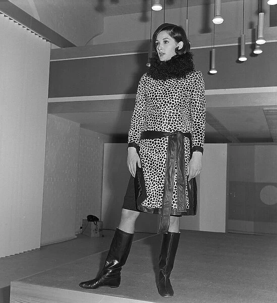 Mary Quant fashion clothing Wearing a leopard print dress with fur collar
