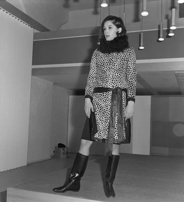 Framed Print : Mary Quant fashion clothing Wearing a leopard print dress with fur collar