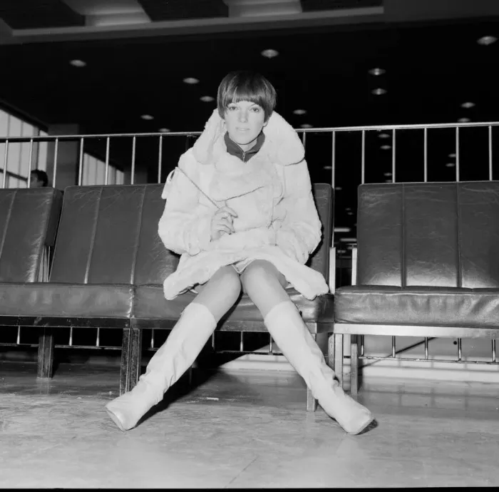 Framed Print : Mary Quant, at London Airport, on her way to Paris to go to a fancy dress ball