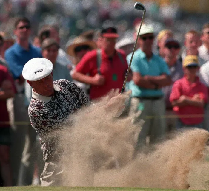 Framed Print : Mason Golfer gets out of the bunker on his second attempton the 17th during the second Framed Print : Mason Golfer gets out of the bunker on his second attempton the 17th during the second