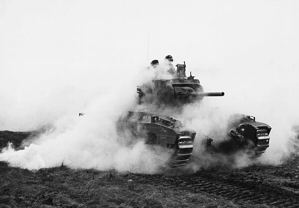 Matilda tanks advance through smoke during Second World War. 13th November 1942