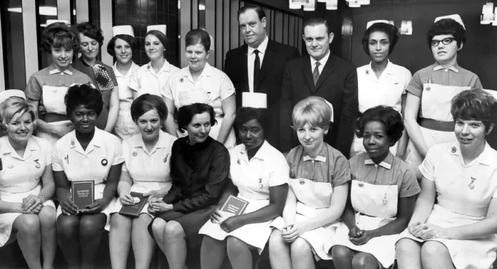 Framed Print : The matron of Walsgrave General Hospital, Miss Madden, with nurses who have collected