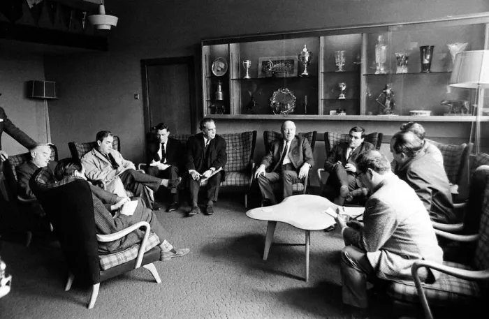 Framed Print : Matt Busby manager of Manchester United at a Press Conference after winning the League