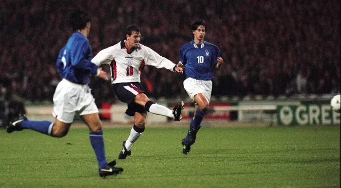 Framed Print : Matthew Le Tissier attempts a goal at Wembley where England lost their World Cup Framed Print : Matthew Le Tissier attempts a goal at Wembley where England lost their World Cup