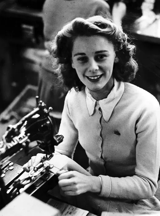 Framed Print : Mayme Bell Sewing machinist putting buttons onto golf cardigan knitware worker factory Framed Print : Mayme Bell Sewing machinist putting buttons onto golf cardigan knitware worker factory