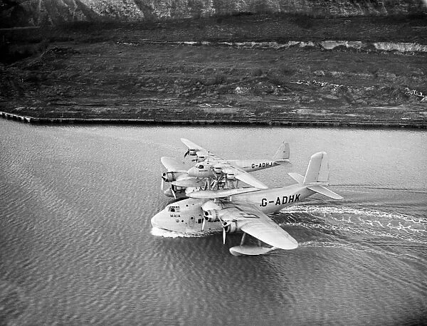 The Mayo composite aircraft seen here during taxi-ing trials along the River Medway 19th