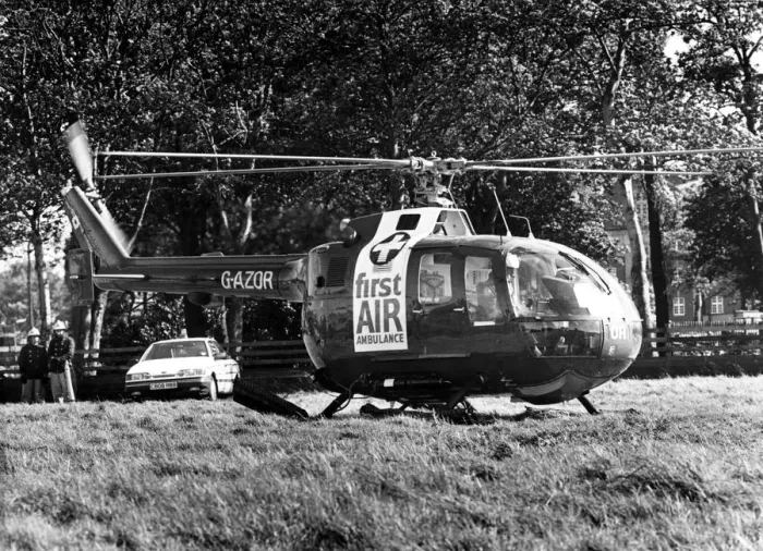 Framed Print : A MBB Bolkow BO105 Air Ambulance helicopter takes off from a landing site near the Royal