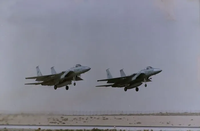 Framed Print : Two McDonnell Douglas F15 Eagles of the Royal Saudi Air Force take off side by side