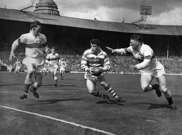 Framed Print : McGurran, of Wigan, Tries to Break Through. May 1958 P012545 Framed Print : McGurran, of Wigan, Tries to Break Through. May 1958 P012545