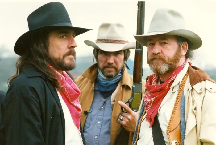 Framed Print : Mean looking prairemen Colin Heslop, George Mills and Harry Pattinson at the Gunfighters Framed Print : Mean looking prairemen Colin Heslop, George Mills and Harry Pattinson at the Gunfighters