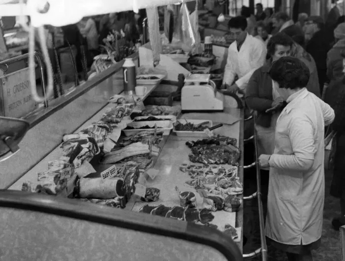 Framed Print : Meat Counter, Stockton Market, North East England, Circa 1959