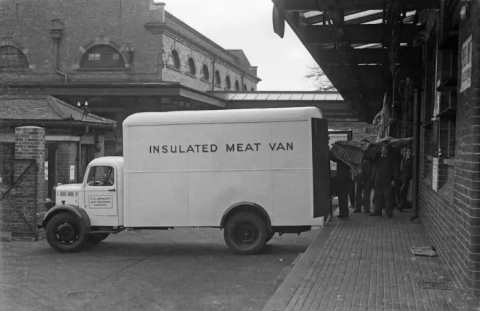 Framed Print : Meat being loaded into a insulated meat van of F G Jephcott in Coventry Circa 1947
