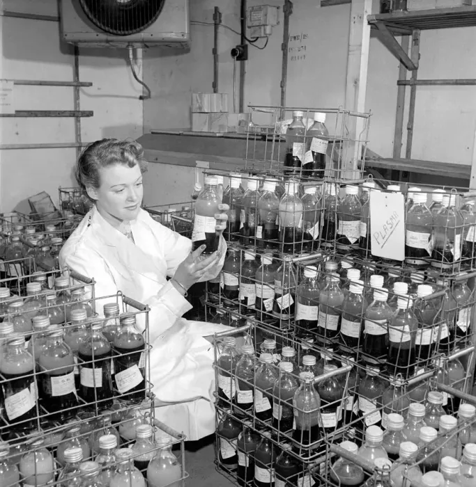 Framed Print : Medical: Blood Transfusions: Inspection at a blood bank. 1954 A2-002 Framed Print : Medical: Blood Transfusions: Inspection at a blood bank. 1954 A2-002
