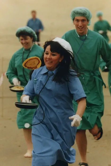 Framed Print : Medical staff take part in a Shrove Tuesday Pancake Race along the North East Coast line Framed Print : Medical staff take part in a Shrove Tuesday Pancake Race along the North East Coast line