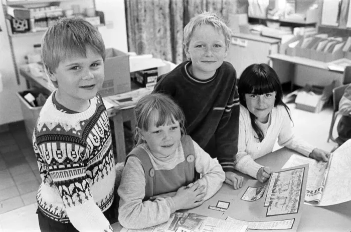 Framed Print : These four Meltham County Primary School children are part of a larger group studying