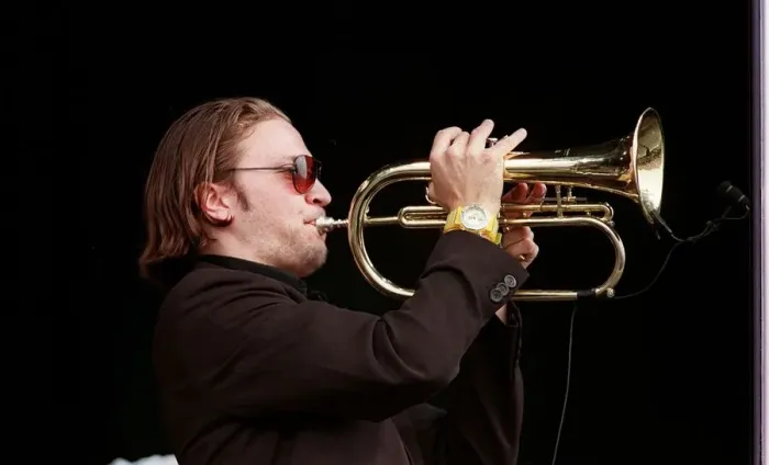 Framed Print : Member of the Fun Loving Criminals on stage playing the trumpet at T in the Park July Framed Print : Member of the Fun Loving Criminals on stage playing the trumpet at T in the Park July