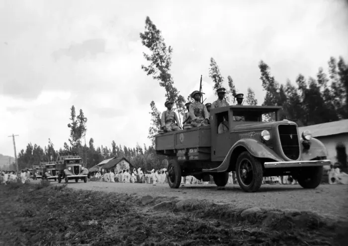 Framed Print : Members of the Abyssinia army in their armoured trucks during the war with Italy of 1935 Framed Print : Members of the Abyssinia army in their armoured trucks during the war with Italy of 1935