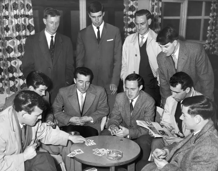 Framed Print : Members of the Birmingham City football team enjoying a game of cards before flying off