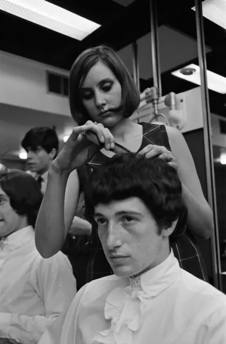 Framed Print : Members of the British pop group The Kinks having their hair styled at a salon Framed Print : Members of the British pop group The Kinks having their hair styled at a salon