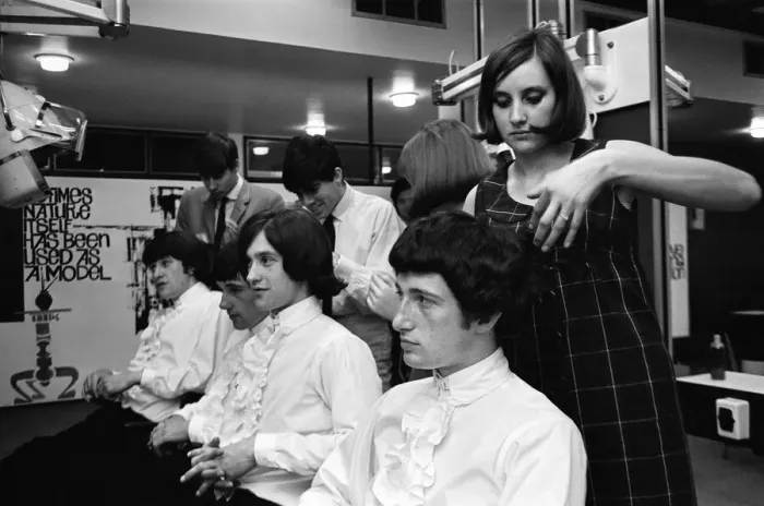 Framed Print : Members of the British pop group The Kinks having their hair styled at a salon Framed Print : Members of the British pop group The Kinks having their hair styled at a salon