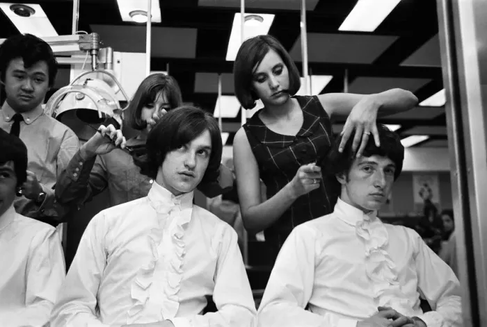 Framed Print : Members of the British pop group The Kinks having their hair styled at a salon Framed Print : Members of the British pop group The Kinks having their hair styled at a salon