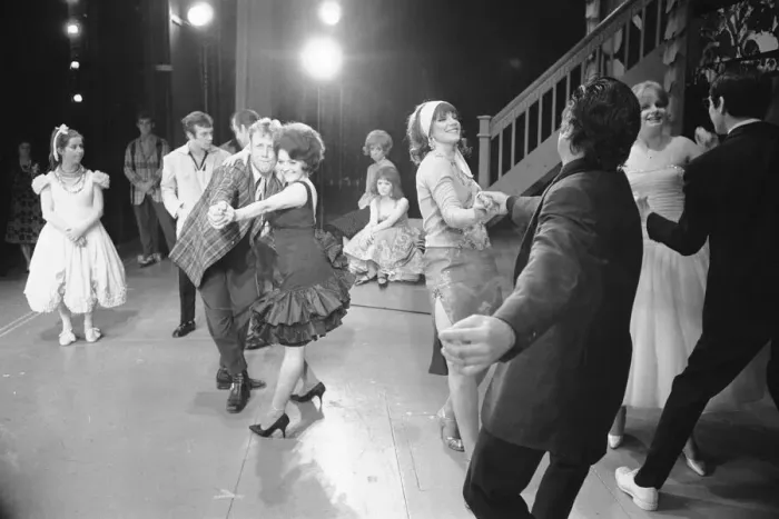 Framed Print : Members of the cast of Grease seen here on stage at the Coventry Theatre during a dress Framed Print : Members of the cast of Grease seen here on stage at the Coventry Theatre during a dress