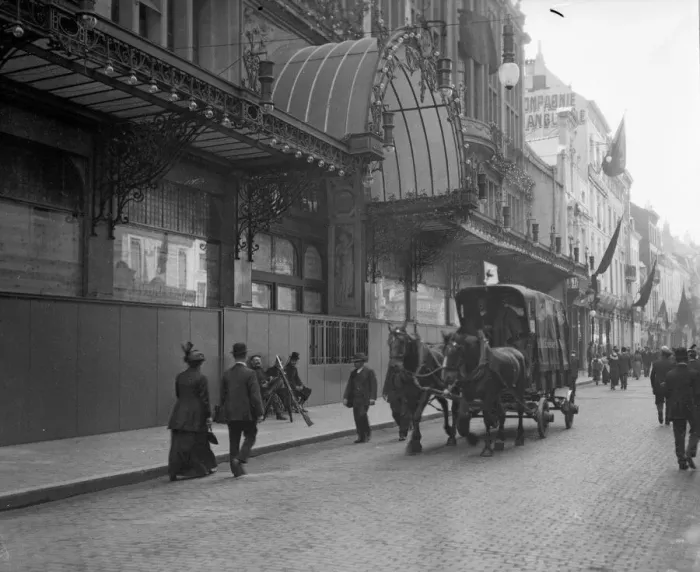 Framed Print : Members of the Civil Guard standing guard outside a Brussels shop wrecked by a mob Framed Print : Members of the Civil Guard standing guard outside a Brussels shop wrecked by a mob
