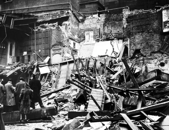 Framed Print : Members cloakroom and cloisters at the House of Commons bombed during WW2 air raid Framed Print : Members cloakroom and cloisters at the House of Commons bombed during WW2 air raid