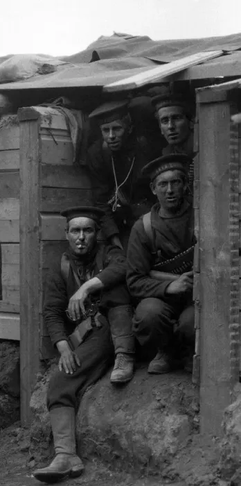 Framed Print : Members of the Naval Brigade seen here in their dugout in a trench near Antwerp