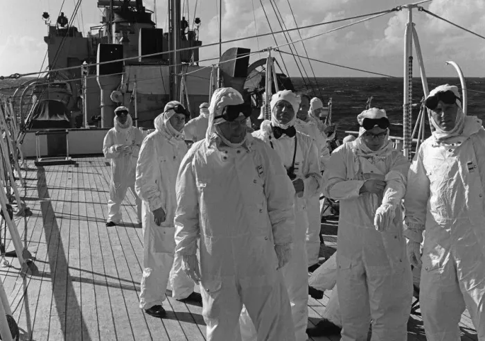 Framed Print : Members of the press and naval ratings aboard HMS Alert 35 miles offshore of Malden Framed Print : Members of the press and naval ratings aboard HMS Alert 35 miles offshore of Malden