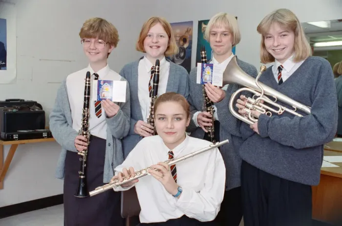 Framed Print : Members of Rastrick High School Concert Band with their cassette recordings Framed Print : Members of Rastrick High School Concert Band with their cassette recordings