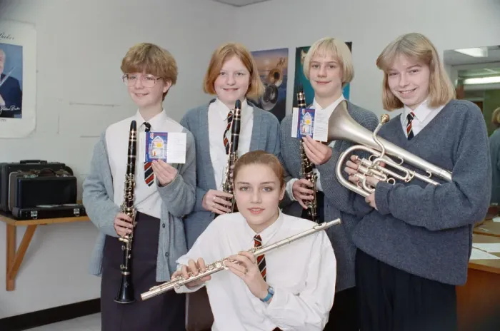 Framed Print : Members of Rastrick High School Concert Band with their cassette recordings Framed Print : Members of Rastrick High School Concert Band with their cassette recordings