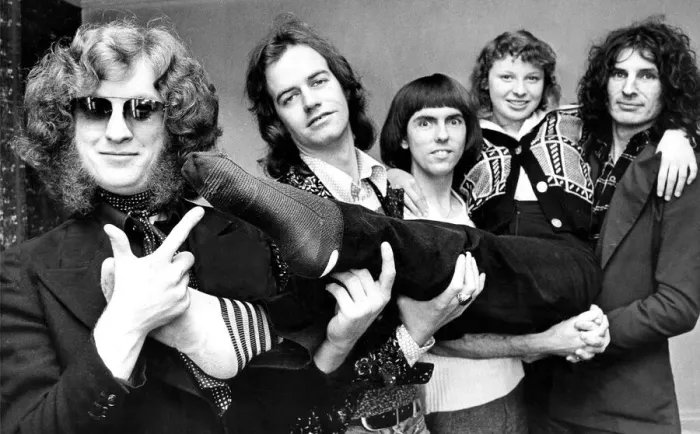 Framed Print : The members of Slade with Christine Farrage who was injured by a convoy of cars carrying