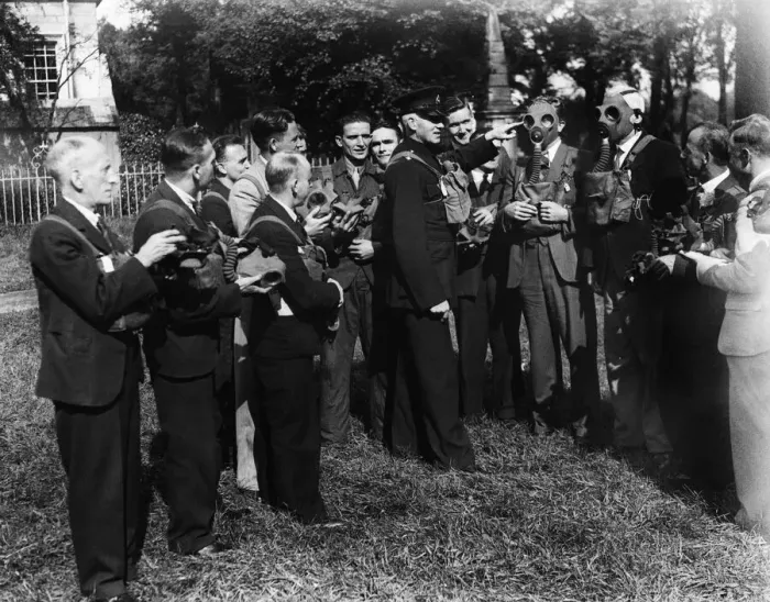 Framed Print : Members of the Western Mails A. P. R team at gas mask drill. 29th September 1938 Framed Print : Members of the Western Mails A. P. R team at gas mask drill. 29th September 1938