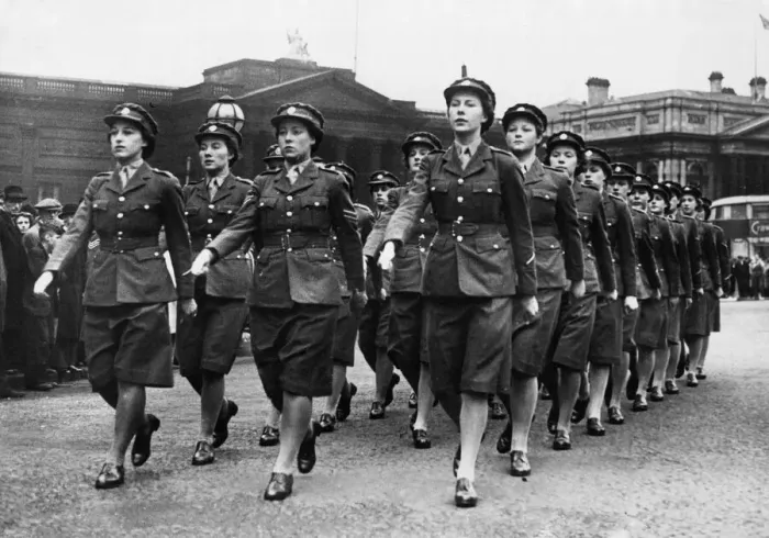 Framed Print : Members of a Womens Auxiliary Air Force (WaF) marching band in North West England Framed Print : Members of a Womens Auxiliary Air Force (WaF) marching band in North West England