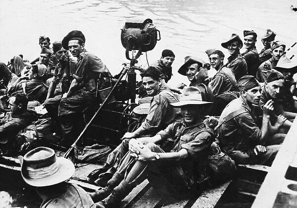 Men of the border regiment cross the Chindwin River during Second World War