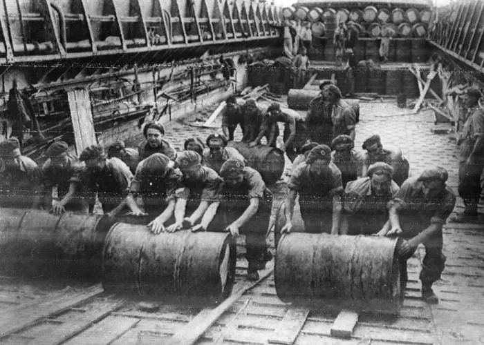 Framed Print : Men of RAF regiment arrive in Greece. Picture shows, unloading supplied of petrol from a Framed Print : Men of RAF regiment arrive in Greece. Picture shows, unloading supplied of petrol from a