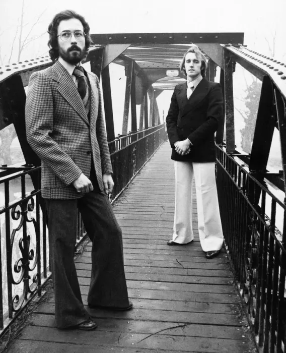 Framed Print : Mens Fashion, Cambridge, February 1977 with male models Jon and Julian wearing flares