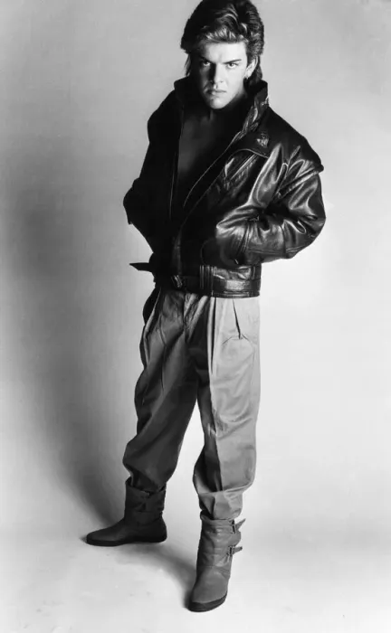 Framed Print : Mens Fashions Spring 1985. Our model wears a black leather jacket