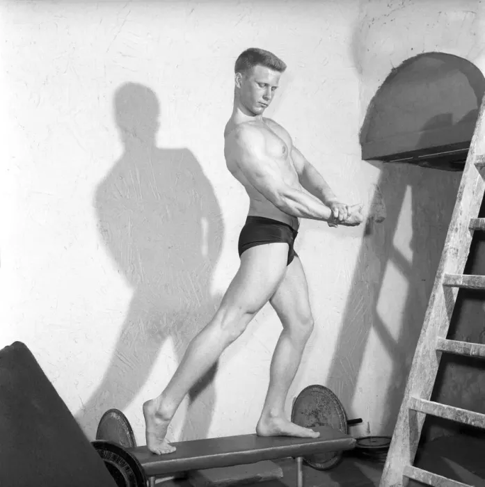 Framed Print : Mens Health: Body builder Larry Stevens seen here posing in the gym. 1957