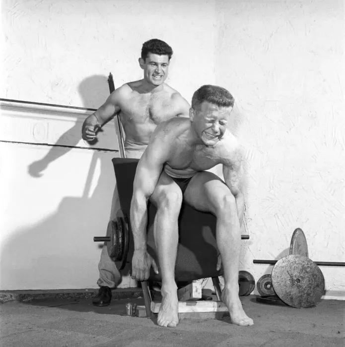 Framed Print : Mens Health: Body builder Larry Stevens seen here with his training coach exercising Framed Print : Mens Health: Body builder Larry Stevens seen here with his training coach exercising