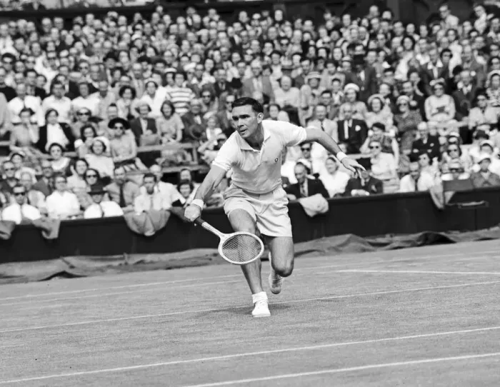 Framed Print : Mens Singles action during the Wimbledon Lawn Tennis Championships. June 1953 Framed Print : Mens Singles action during the Wimbledon Lawn Tennis Championships. June 1953