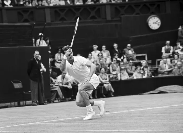 Framed Print : Mens Singles action during the Wimbledon Lawn Tennis Championships. June 1953 Framed Print : Mens Singles action during the Wimbledon Lawn Tennis Championships. June 1953