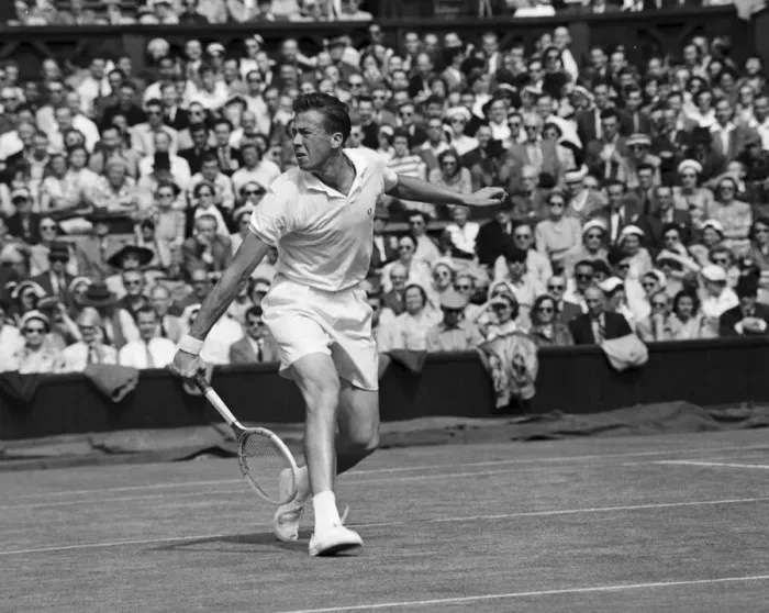 Framed Print : Mens Singles action during the Wimbledon Lawn Tennis Championships. June 1953 Framed Print : Mens Singles action during the Wimbledon Lawn Tennis Championships. June 1953