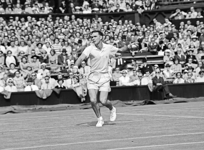 Framed Print : Mens Singles action during the Wimbledon Lawn Tennis Championships. June 1953 Framed Print : Mens Singles action during the Wimbledon Lawn Tennis Championships. June 1953
