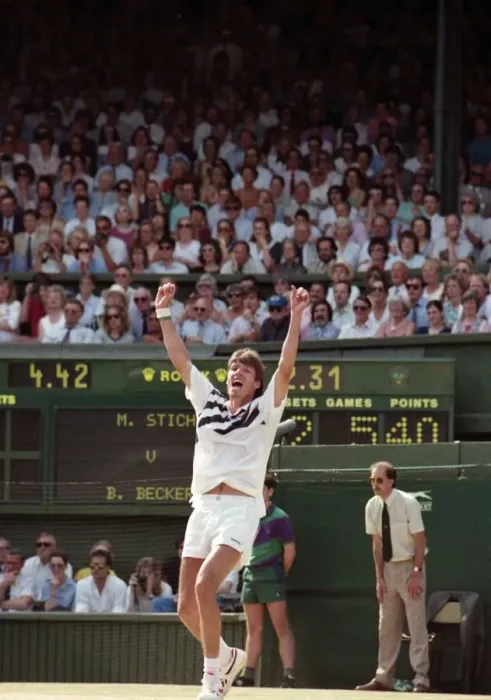 Framed Print : Mens Wimbledon Final. Michael Stich v Boris Becker Stich celebrates Framed Print : Mens Wimbledon Final. Michael Stich v Boris Becker Stich celebrates