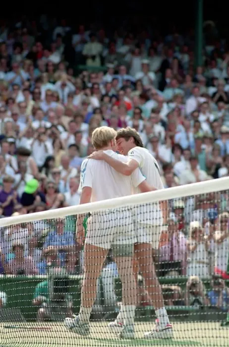 Framed Print : Mens Wimbledon Final. Michael Stich v Boris Becker Stich congratulated by Framed Print : Mens Wimbledon Final. Michael Stich v Boris Becker Stich congratulated by