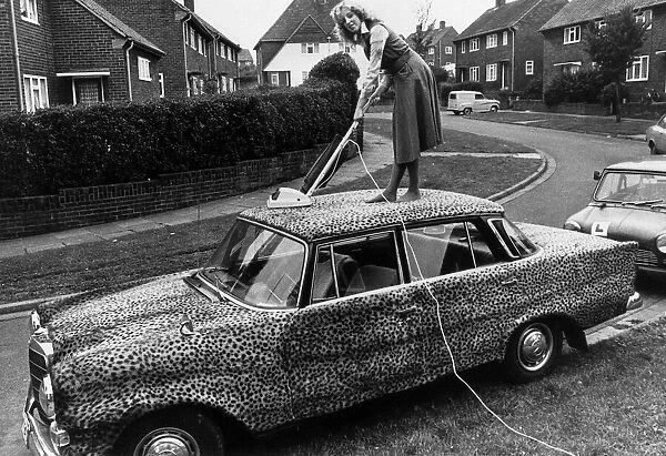 Mercedes car covered in leopard skin being hoovered 1989 Housework cleaning car