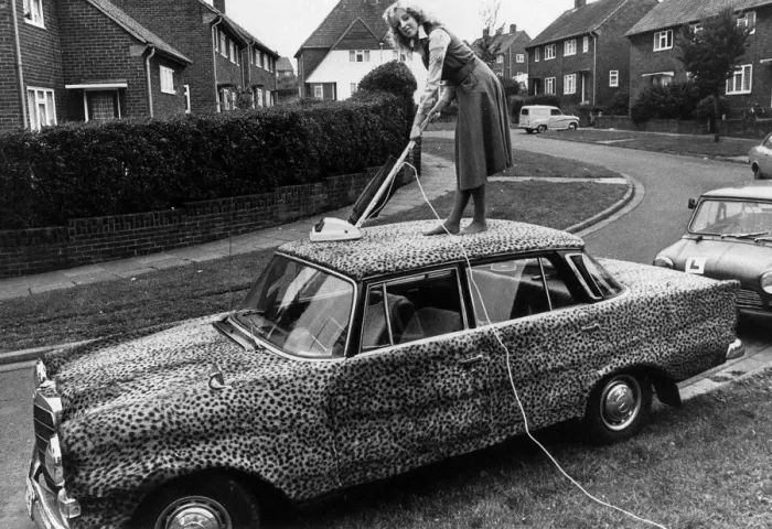 Framed Print : Mercedes car covered in leopard skin being hoovered 1989 Housework cleaning car Framed Print : Mercedes car covered in leopard skin being hoovered 1989 Housework cleaning car